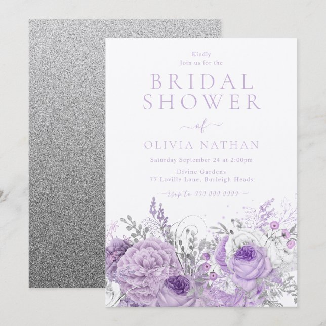 Purple Lavender Shimmer Floral Bridal Shower Invitation (Front/Back)