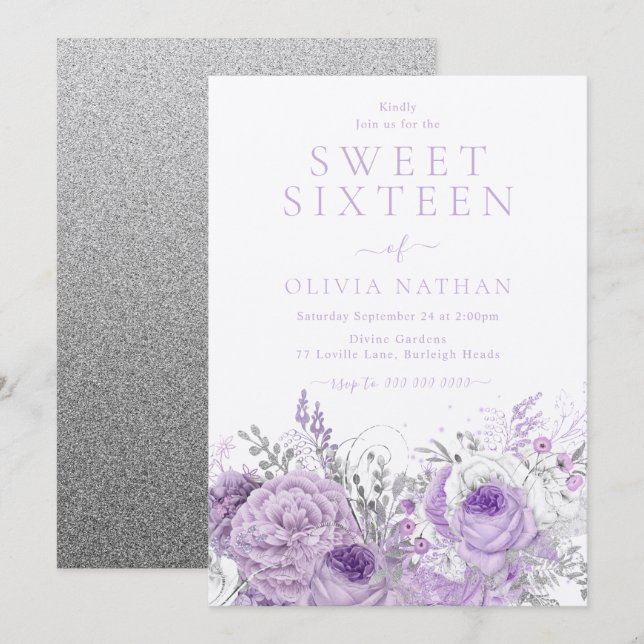 Purple Lavender Shimmer Floral Sweet 16 Party Invitation (Front/Back)