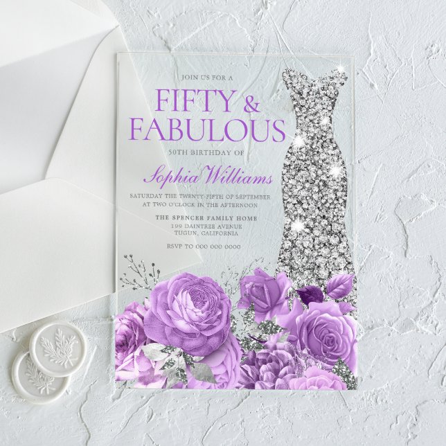 Purple Lavender & Silver 50th Birthday Party Acrylic Invitations (Creator Uploaded)