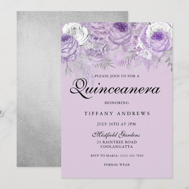 Purple Lavender Silver Flowers Quinceanera Party Invitation (Front/Back)