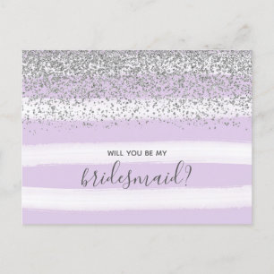 Purple Lavender & Silver Glitter Be My Bridesmaid Invitation Postcard