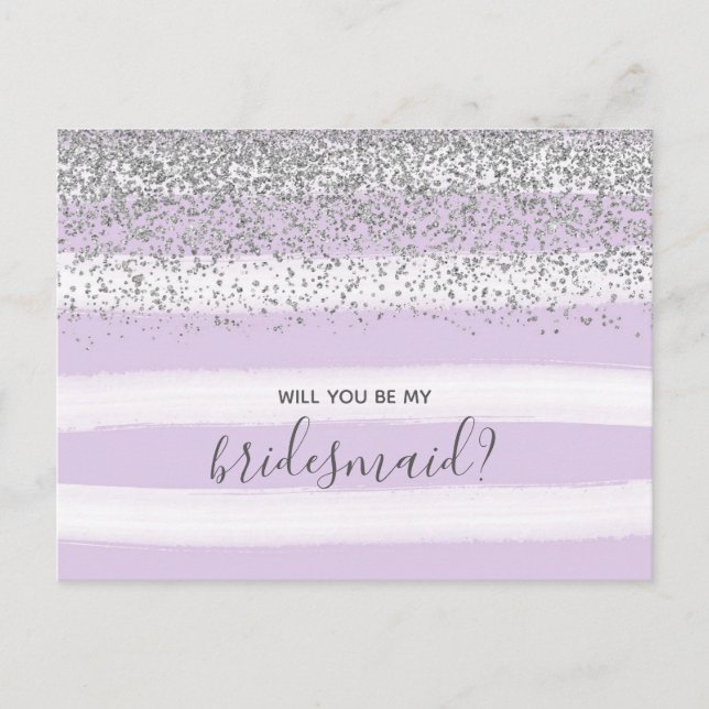 Purple Lavender & Silver Glitter Be My Bridesmaid Invitation Postcard (Front)