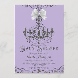 Purple Lavender & Silver White Bow Baby Shower Invitation