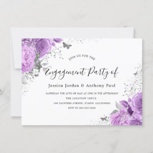 Purple Lavender Sparkle Flowers Engagement Party Invitation