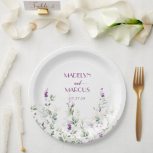 Purple Lavender Stems Greenery Wedding Reception Paper Plate
