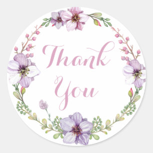 Purple Lavender Thank You Watercolor Floral Wreath Classic Round Sticker