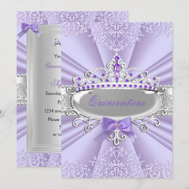 Purple Lavender Tiara Damask Quinceanera Party Invitation (Front/Back)