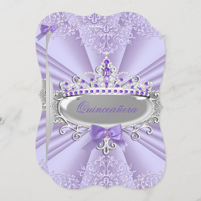 Purple Lavender Tiara Damask Quinceanera Party Invitation (Front/Back)