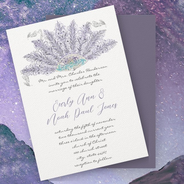 Purple Lavender Vintage Feather Fan Wedding Invitation (Creator Uploaded)