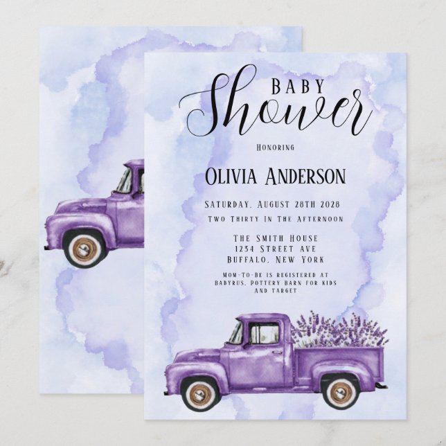 Purple Lavender Vintage Truck Baby Shower Invitation (Front/Back)