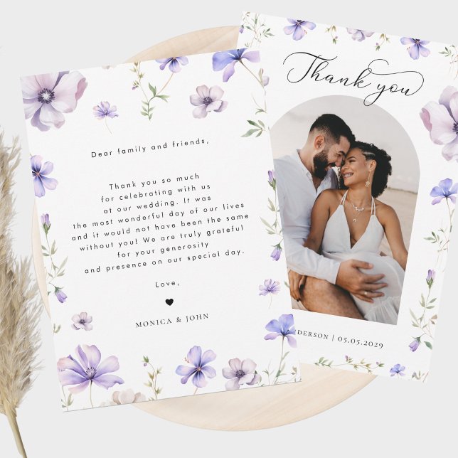 Purple Lavender Violet Floral & Arch Photo Wedding Thank You Card (Creator Uploaded)