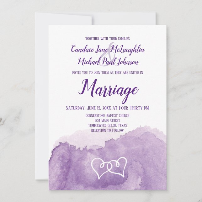 Purple Lavender Watercolor Double Hearts Wedding Invitation (Front)