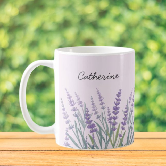 Purple Lavender Watercolor Floral Coffee Mug (Close up, On the table)