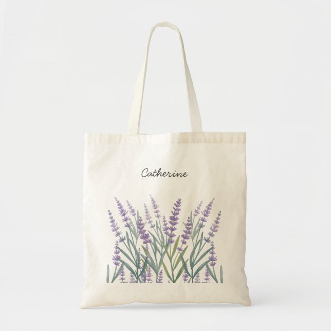 Purple Lavender Watercolor Floral Tote Bag (Front)