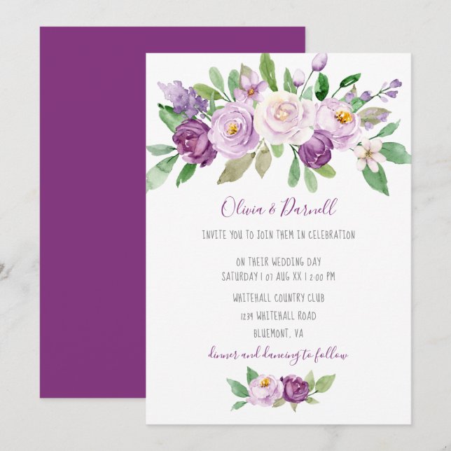 Purple Lavender Watercolor Floral Wedding Invitation (Front/Back)