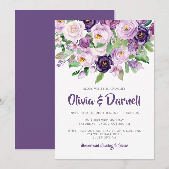 Purple Lavender Watercolor Floral Wedding Invitation (Front/Back)