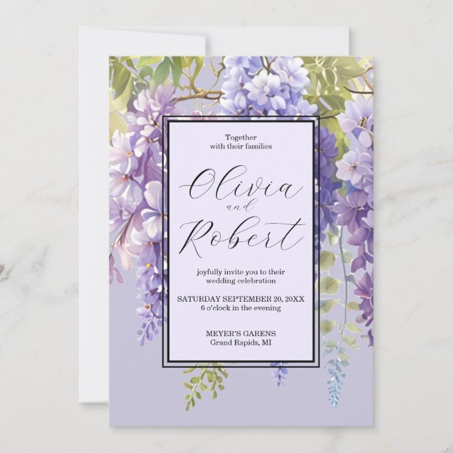 Purple lavender watercolor floral wisteria wedding invitation (Front)
