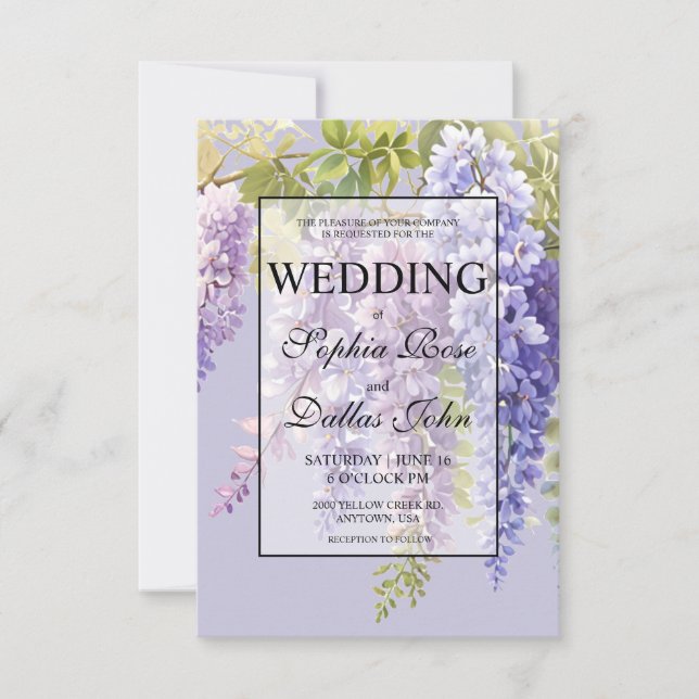 Purple lavender watercolor floral wisteria wedding invitation (Front)