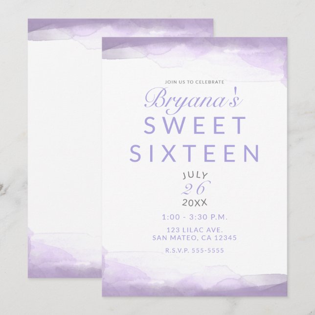 Purple Lavender Watercolor Modern Chic Sweet 16 Invitation (Front/Back)