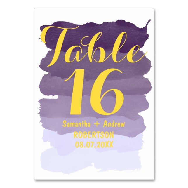 Purple lavender watercolor ombre table number (Front)