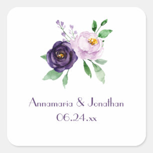 Purple & Lavender Watercolor Roses Wedding Date Square Sticker