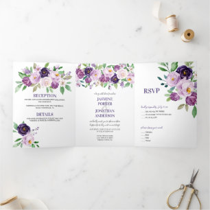 Purple & Lavender Watercolor Roses Wedding   Tri-Fold Invitation