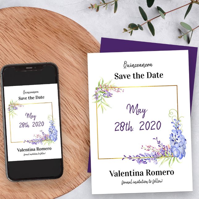 Purple Lavender Watercolor Wisteria Floral Save The Date (Save the Date from my Purple Wisteria Quinceanera Collection)