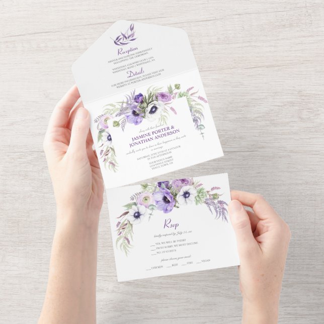 Purple Lavender & White Anemones Floral |  All In One Invitation (Tearaway)