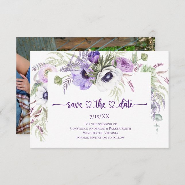 Purple Lavender White Floral Photo Save the Date (Front/Back)