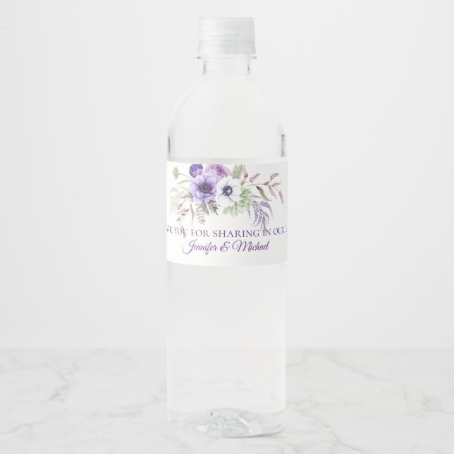 Purple Lavender White Floral Wedding Favours | Water Bottle Label (Front)