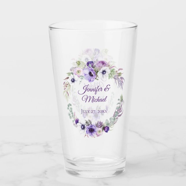 Purple Lavender White Floral Wedding Keepsake Glass (Front)