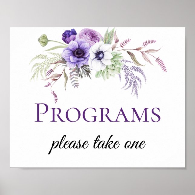 Purple Lavender White Floral Wedding Program Signs (Front)