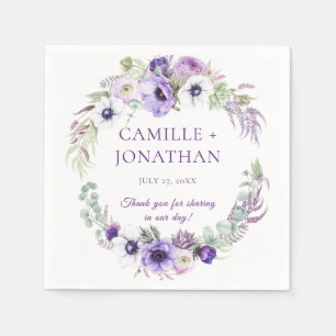 Purple Lavender White Floral Wreath Reception   Napkin