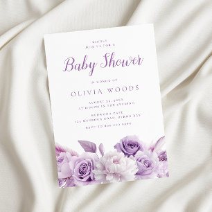 Purple Lavender & White Roses Baby Shower Invitation