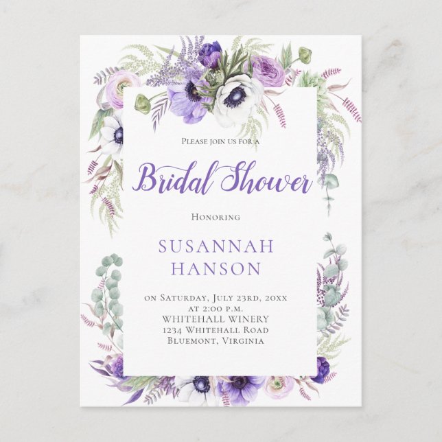 Purple Lavender White Watercolor Bridal Shower Postcard (Front)