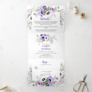 Purple Lavender White Watercolor Floral Frame Tri-Fold Invitation