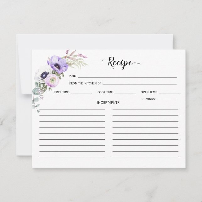 Purple Lavender White Watercolor Floral Recipe (Front)