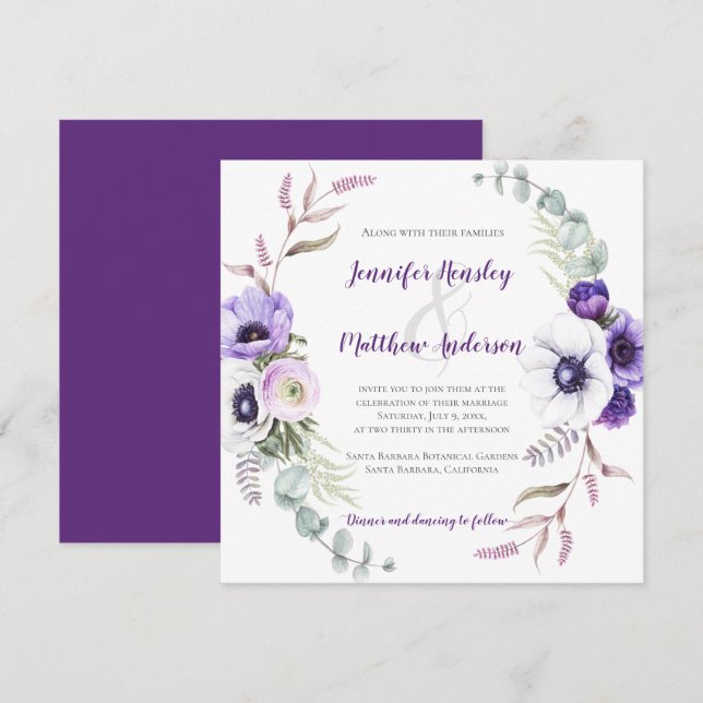 Purple Lavender White Watercolor Floral Square | Invitation (Front/Back)