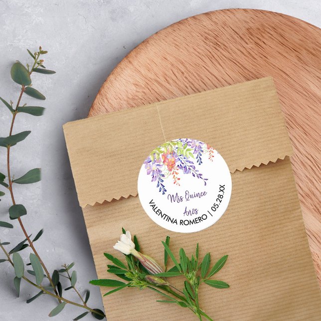 Purple Lavender Wisteria Flowers Floral Classic Round Sticker (Mis Quince Stickers from my Purple Wisteria Quinceanera Collection)