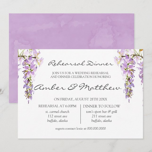 Purple Lavender Wisteria Rehearsal Dinner  Invitation (Front/Back)