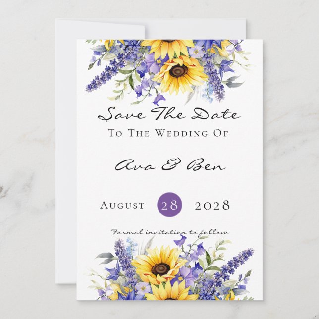 Purple Lavender with Sunflowers Save The Date Card (Front)