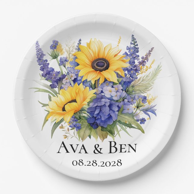 Purple Lavender with Sunflowers Wedding Paper Plate (Front)