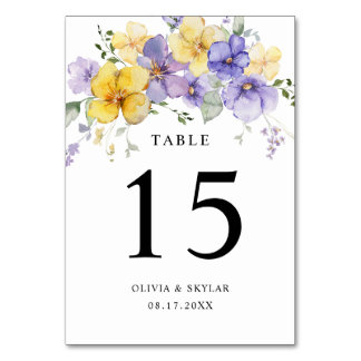Purple Lavender Yellow Bright Dusty Floral Wedding Table Number