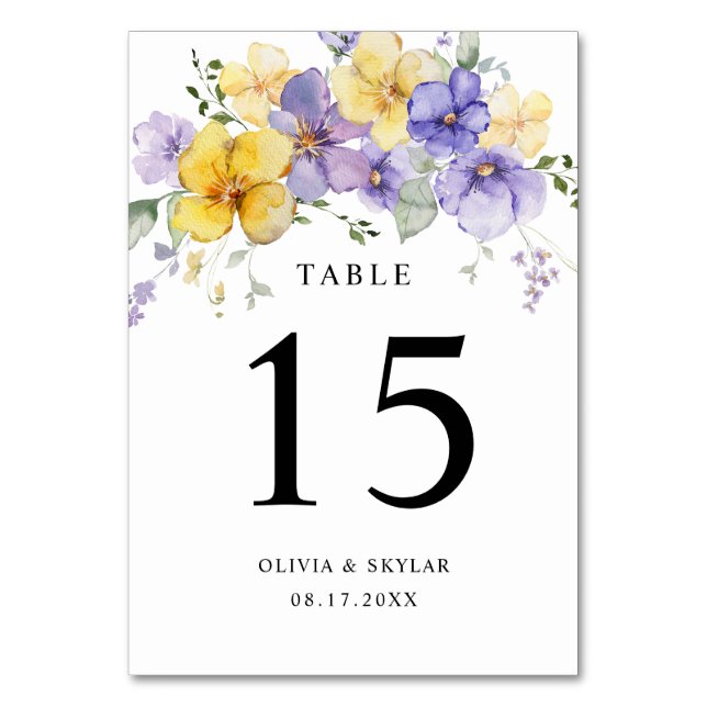 Purple Lavender Yellow Bright Dusty Floral Wedding Table Number (Back)