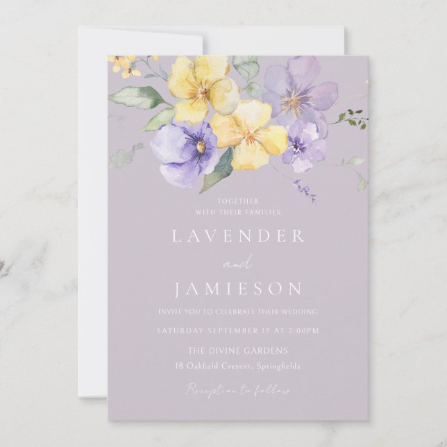 Purple Lavender & Yellow Floral Wedding Invitation (Front)