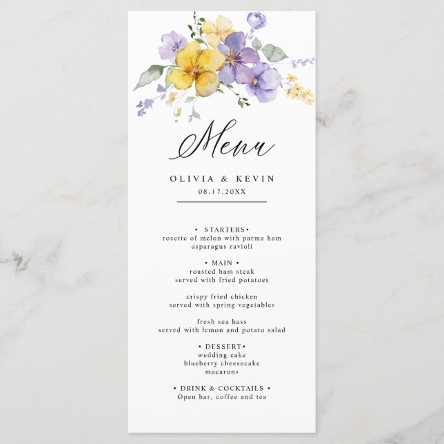 Purple Lavender Yellow Watercolor Floral Wedding  Menu (Front)