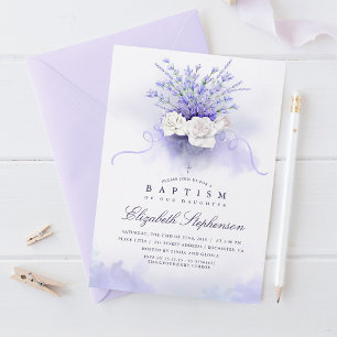 Purple Lavenders Floral Baptism Invitation