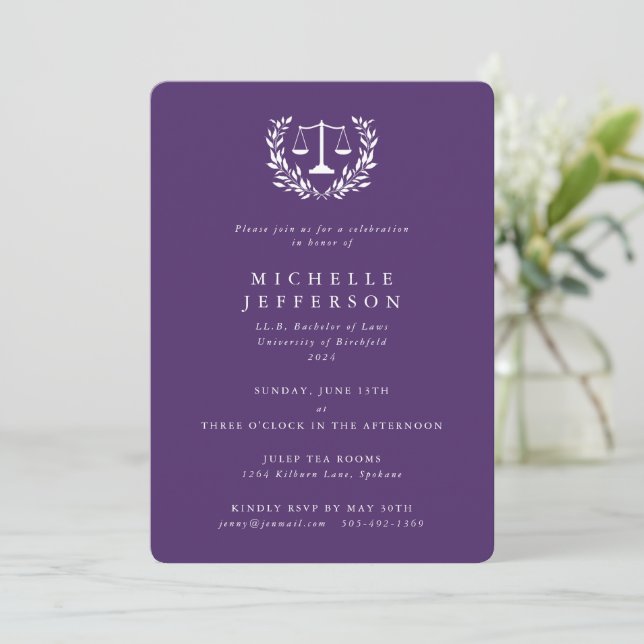 Purple Law Qualifications Laurel Wreath Invitation (Standing Front)