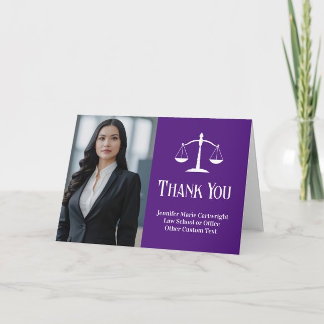 Purple Law School Graduation Photo Custom Lawyer Thank You Card (Front)