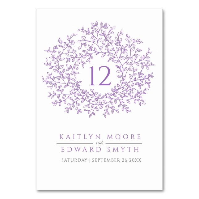 Purple leaf circle monogram wedding custom table number (Front)